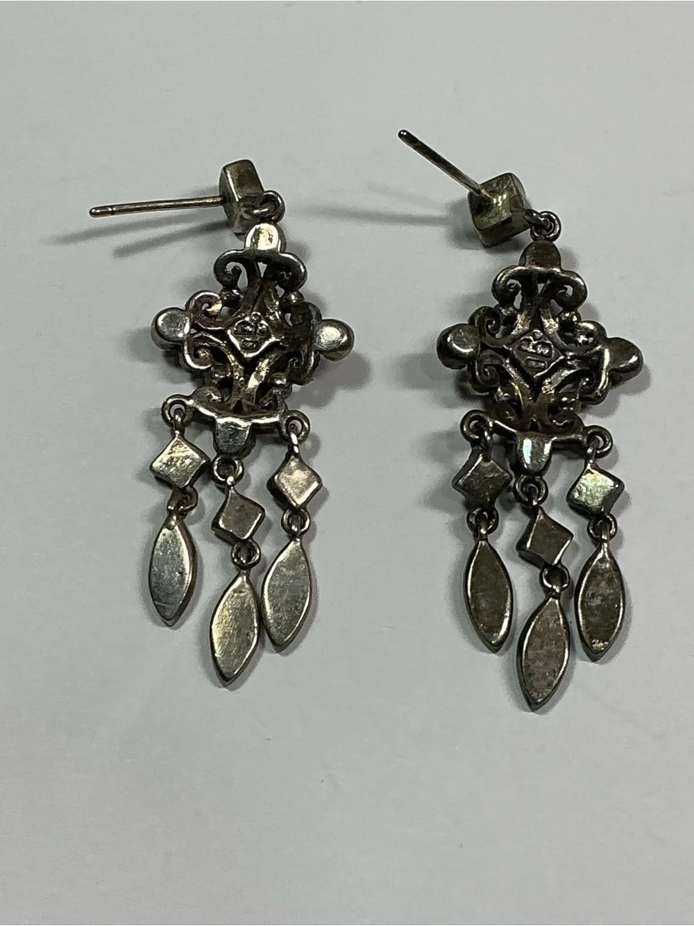 Sterling Silver Chandelier Style Dangle Earrings with Marcasite. 1.75” long